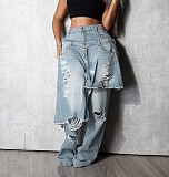 Fashion Distressed Patchwork Monkey Cut Decoration Loose Straight Leg Jeans RS-2525