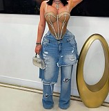 Fashion Distressed Patchwork Monkey Cut Decoration Loose Straight Leg Jeans RS-2525