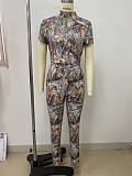 2026 Fashionable Slim Fit Leaf Print High Neck Short-Sleeve Trouser Set RS-2646
