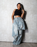 Fashion Distressed Patchwork Monkey Cut Decoration Loose Straight Leg Jeans RS-2525