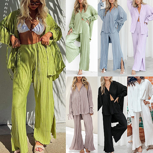 2026 New Fashionable Pleated Shirt Long-Sleeve Split Pajama Two-Piece Set RS-W0513
