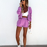 2026 Casual Solid Color Zipper Hooded Sweatshirt and Shorts Two-Piece Set RS-0187