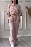 Casual Cotton Linen Solid Color Shirt Drawstring Wide-Leg Pants Set RS-1177