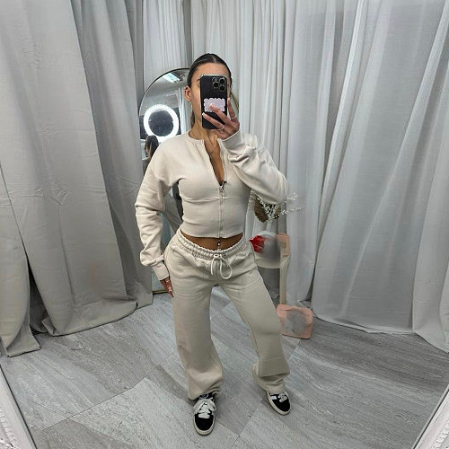 Fashionable Casual Solid Color Zipper Cardigan Elastic Pants Set RS-02302