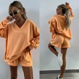 Casual Striped Suit Long-Sleeved V-Neck Loose Top and Shorts Set RS-M816
