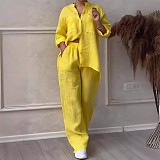 Casual Cotton Linen Solid Color Shirt Drawstring Wide-Leg Pants Set RS-1177