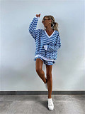 Casual Striped Suit Long-Sleeved V-Neck Loose Top and Shorts Set RS-M816