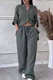 Casual Cotton Linen Solid Color Shirt Drawstring Wide-Leg Pants Set RS-1177