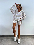Casual Striped Suit Long-Sleeved V-Neck Loose Top and Shorts Set RS-M816