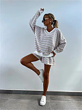 Casual Striped Suit Long-Sleeved V-Neck Loose Top and Shorts Set RS-M816