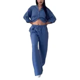 Casual Cotton Linen Solid Color Shirt Drawstring Wide-Leg Pants Set RS-1177
