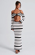 Sexy Striped Long-Sleeved Halter Neck Top and Skirt Two-Piece Set RS-A1333