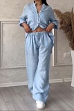 Casual Cotton Linen Solid Color Shirt Drawstring Wide-Leg Pants Set RS-1177