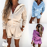 2026 Casual Solid Color Zipper Hooded Sweatshirt and Shorts Two-Piece Set RS-0187
