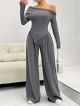 Casual Ribbed Knit Off-the-Shoulder Top and Loose Straight Leg Pants Two-Piece Set RS-ML373