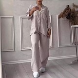Casual Cotton Linen Solid Color Shirt Drawstring Wide-Leg Pants Set RS-1177