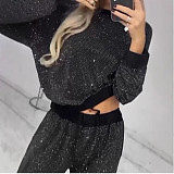 Starry Sky Long-Sleeved Crew Neck Loose-Fitting Top With Drawstring Wide Legs Two-Piece Set