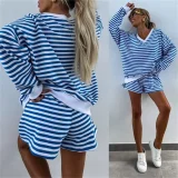 Casual Striped Suit Long-Sleeved V-Neck Loose Top and Shorts Set RS-M816