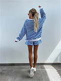 Casual Striped Suit Long-Sleeved V-Neck Loose Top and Shorts Set RS-M816
