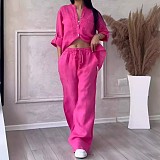 Casual Cotton Linen Solid Color Shirt Drawstring Wide-Leg Pants Set RS-1177