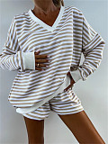 Casual Striped Suit Long-Sleeved V-Neck Loose Top and Shorts Set RS-M816