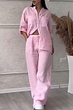 Casual Cotton Linen Solid Color Shirt Drawstring Wide-Leg Pants Set RS-1177