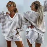 Casual Striped Suit Long-Sleeved V-Neck Loose Top and Shorts Set RS-M816