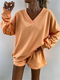 Casual Striped Suit Long-Sleeved V-Neck Loose Top and Shorts Set RS-M816