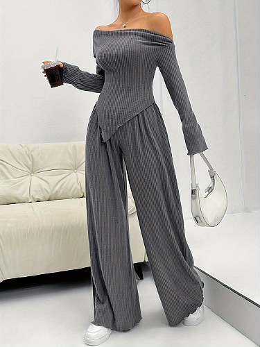 Casual Ribbed Knit Off-the-Shoulder Top and Loose Straight Leg Pants Two-Piece Set RS-ML373