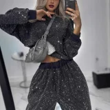 Starry Sky Long-Sleeved Crew Neck Loose-Fitting Top With Drawstring Wide Legs Two-Piece Set