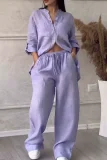 Casual Cotton Linen Solid Color Shirt Drawstring Wide-Leg Pants Set RS-1177