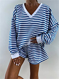 Casual Striped Suit Long-Sleeved V-Neck Loose Top and Shorts Set RS-M816