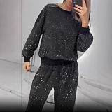 Starry Sky Long-Sleeved Crew Neck Loose-Fitting Top With Drawstring Wide Legs Two-Piece Set