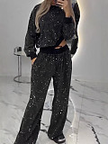 Starry Sky Long-Sleeved Crew Neck Loose-Fitting Top With Drawstring Wide Legs Two-Piece Set