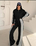 Casual Striped German Fleece Patchwork Long-Sleeved Zipper Pants Suit RS-4741