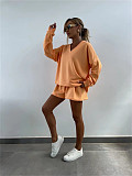 Casual Striped Suit Long-Sleeved V-Neck Loose Top and Shorts Set RS-M816