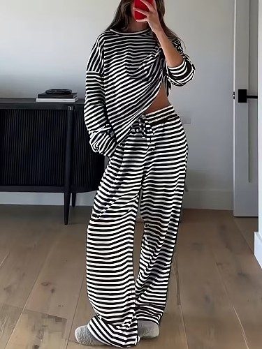 Casual Striped Long-Sleeve Top and High-Waisted Pants Set RS-0052
