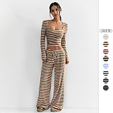 New Fashion Striped Slim Fit Square Neck Top and Wide Leg Pants Set RS-TK2