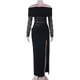 Sexy Lace-Trimmed Long-Sleeved High-Slit Dress SUM-25072