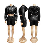 Sexy Hooded Long-sleeved Leather Jacket and Shorts Set PMR-810
