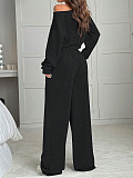 Casual Solid Color Sweatshirt Off-Shoulder Loose Knit Long-Sleeve Top and Pants Set RS-2279