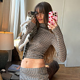 Fashionable Plaid Print Long-Sleeved Stand Collar Top and Slim Fit Bodycon Long Skirt Set RS-20249