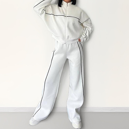 Casual Long-Sleeve Cardigan Sweatshirt Tie-Up Striped Pants Set RS-28696