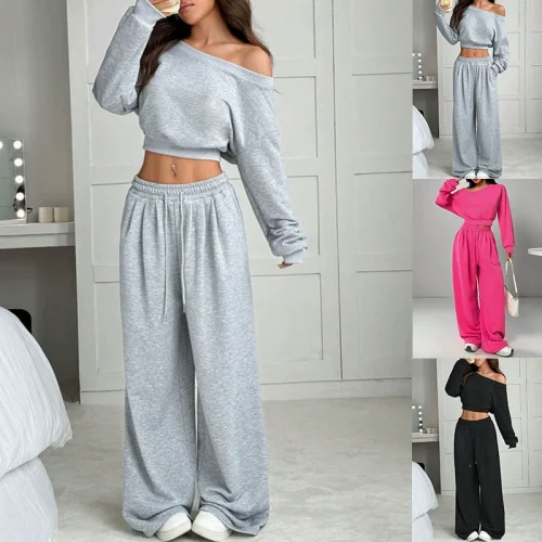 Casual Solid Color Sweatshirt Off-Shoulder Loose Knit Long-Sleeve Top and Pants Set RS-2279