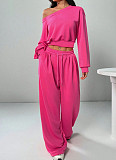 Casual Solid Color Sweatshirt Off-Shoulder Loose Knit Long-Sleeve Top and Pants Set RS-2279