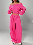 Casual Solid Color Sweatshirt Off-Shoulder Loose Knit Long-Sleeve Top and Pants Set RS-2279