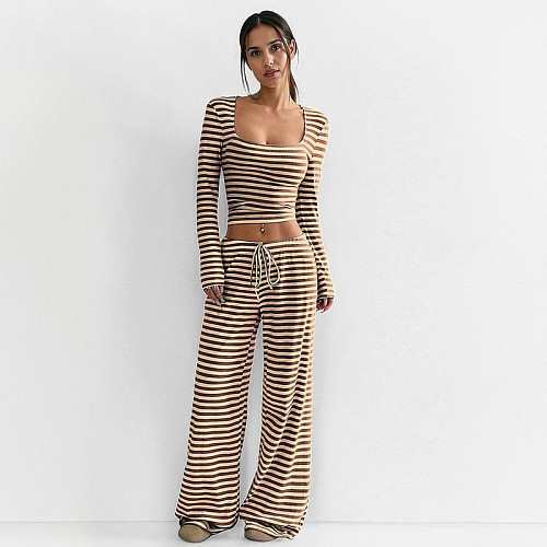 New Fashion Striped Slim Fit Square Neck Top and Wide Leg Pants Set RS-TK2