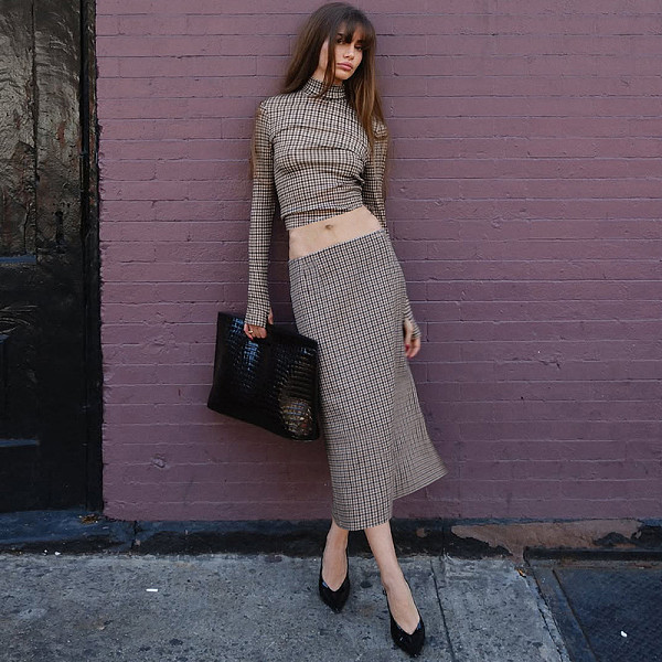Fashionable Plaid Print Long-Sleeved Stand Collar Top and Slim Fit Bodycon Long Skirt Set RS-20249