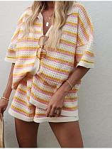 Trendy Color-Blocked Striped Short-Sleeved Shirt and Shorts Set RS-1689