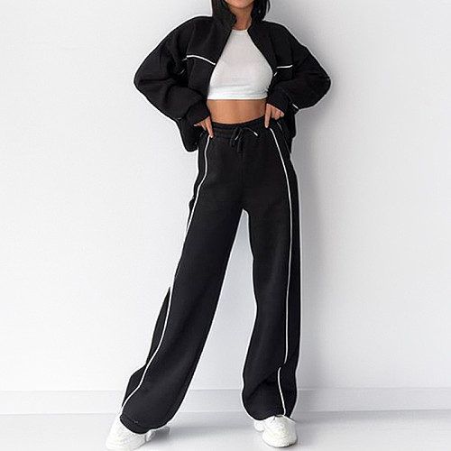 Casual Long-Sleeve Cardigan Sweatshirt Tie-Up Striped Pants Set RS-28696